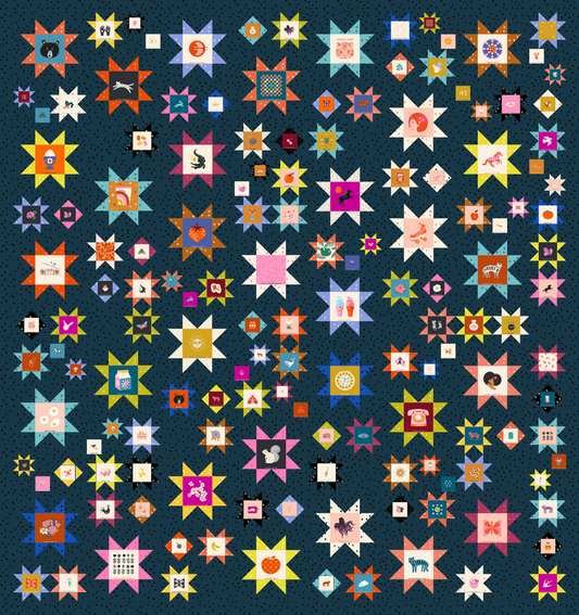A quilt with a geometric pattern featuring various colored stars on a dark background.