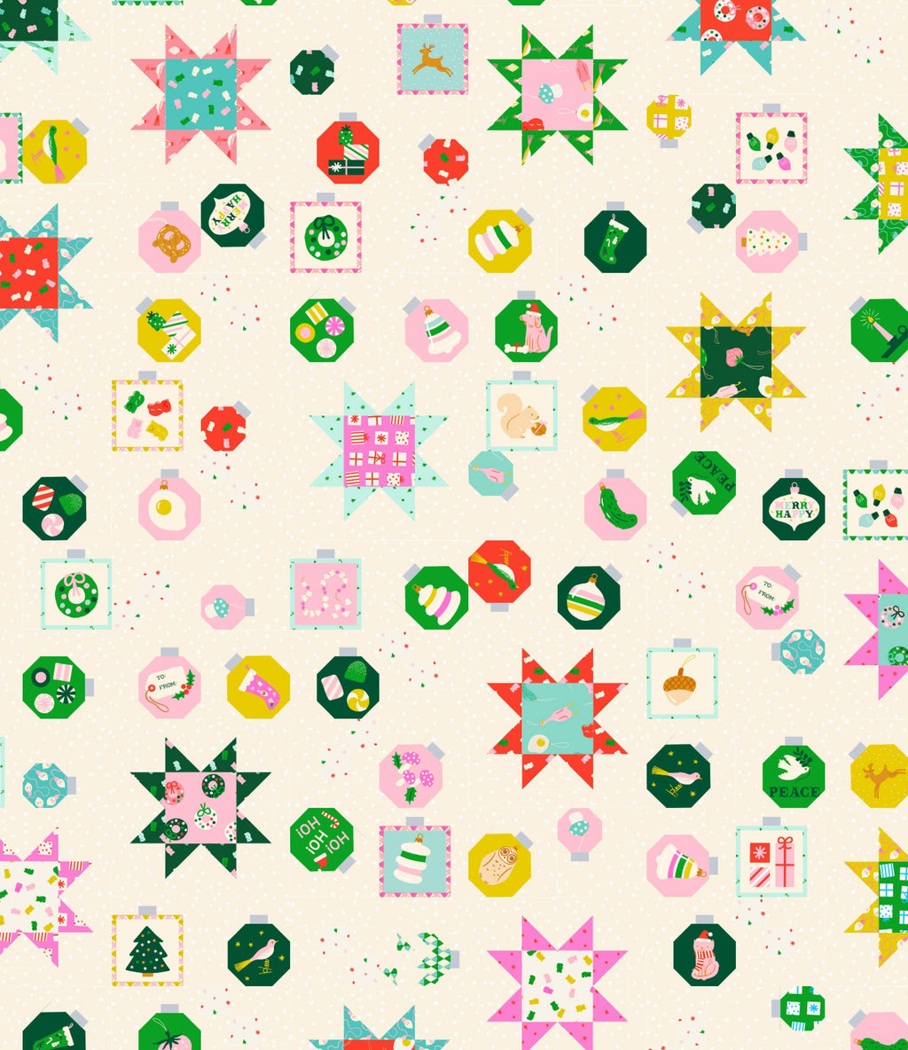 Pattern of colorful geometric shapes on a beige background