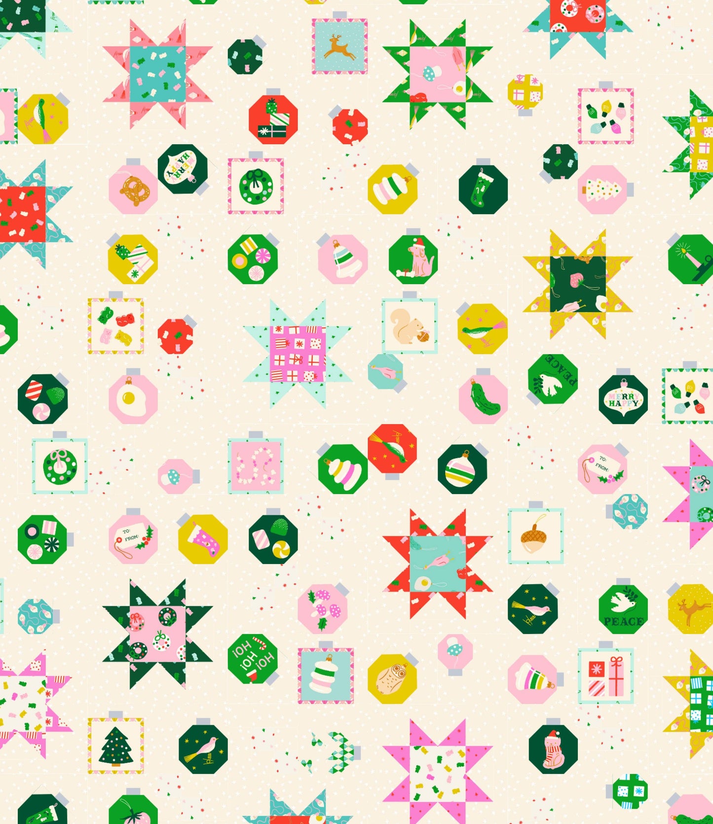 Pattern of colorful geometric shapes on a beige background