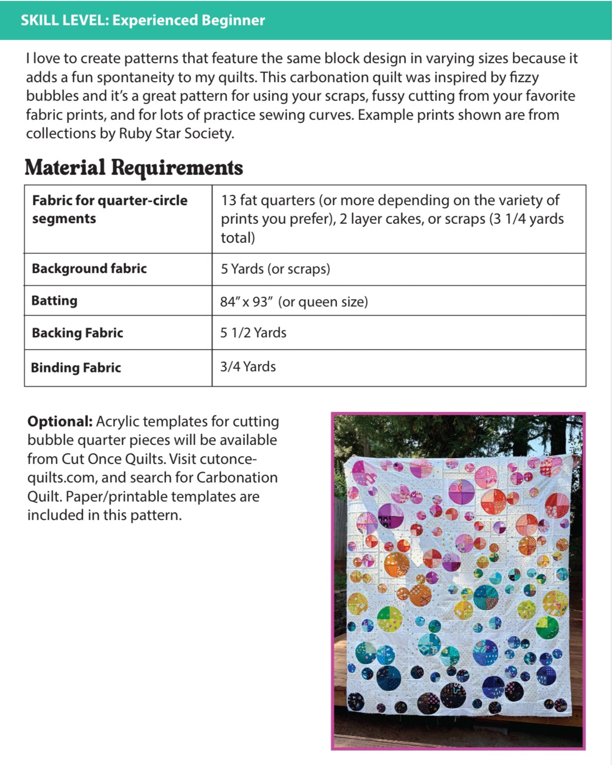 Quilt pattern description with fabric requirements and a sample quilt displayed.