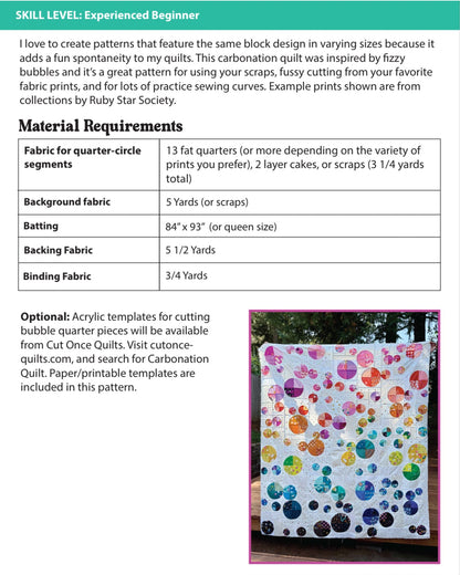 Quilt pattern description with fabric requirements and a sample quilt displayed.