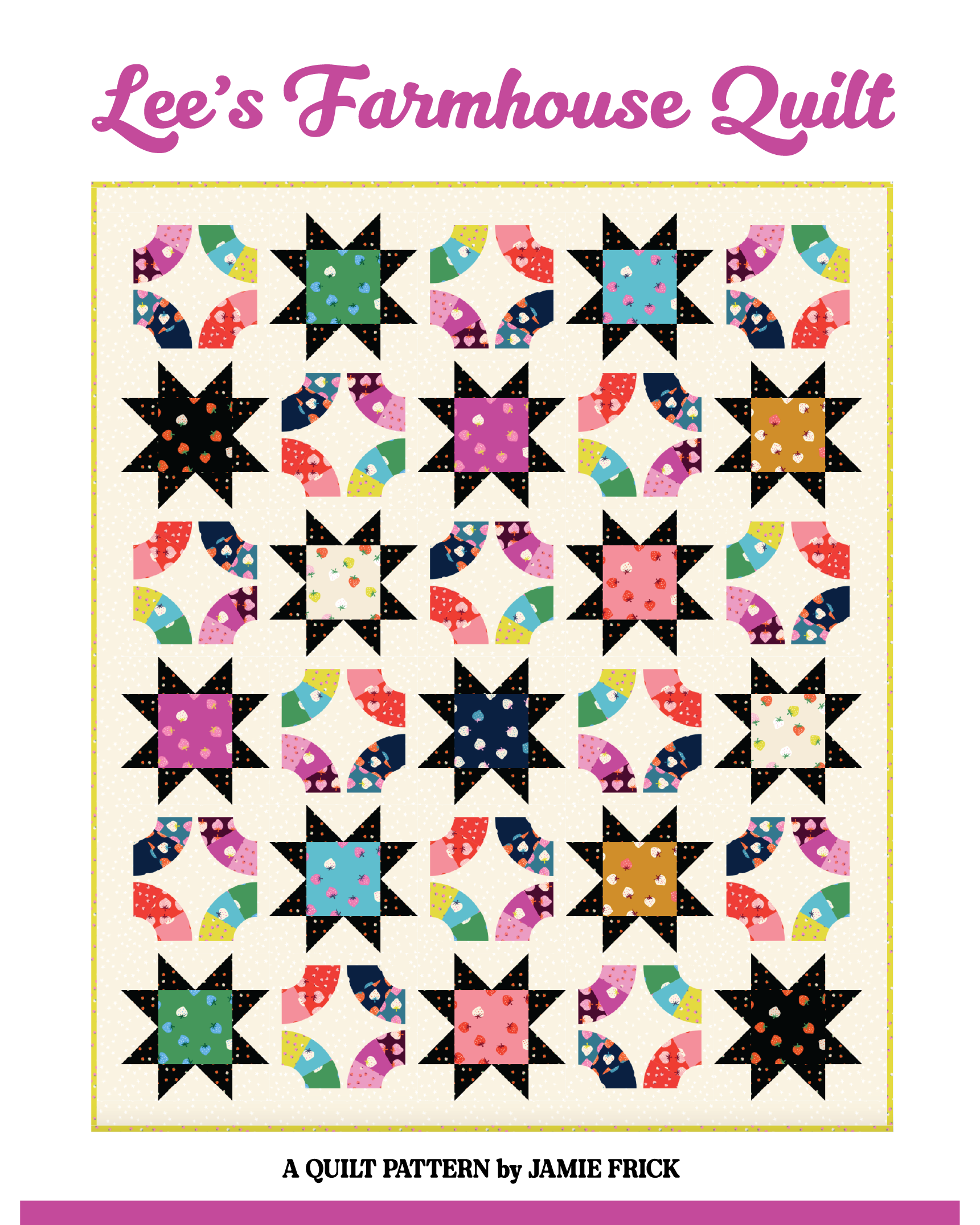 Quilt pattern cover for 'Lee's Farmhouse Quilt' by Jamie Frick with colorful star designs on a white background.