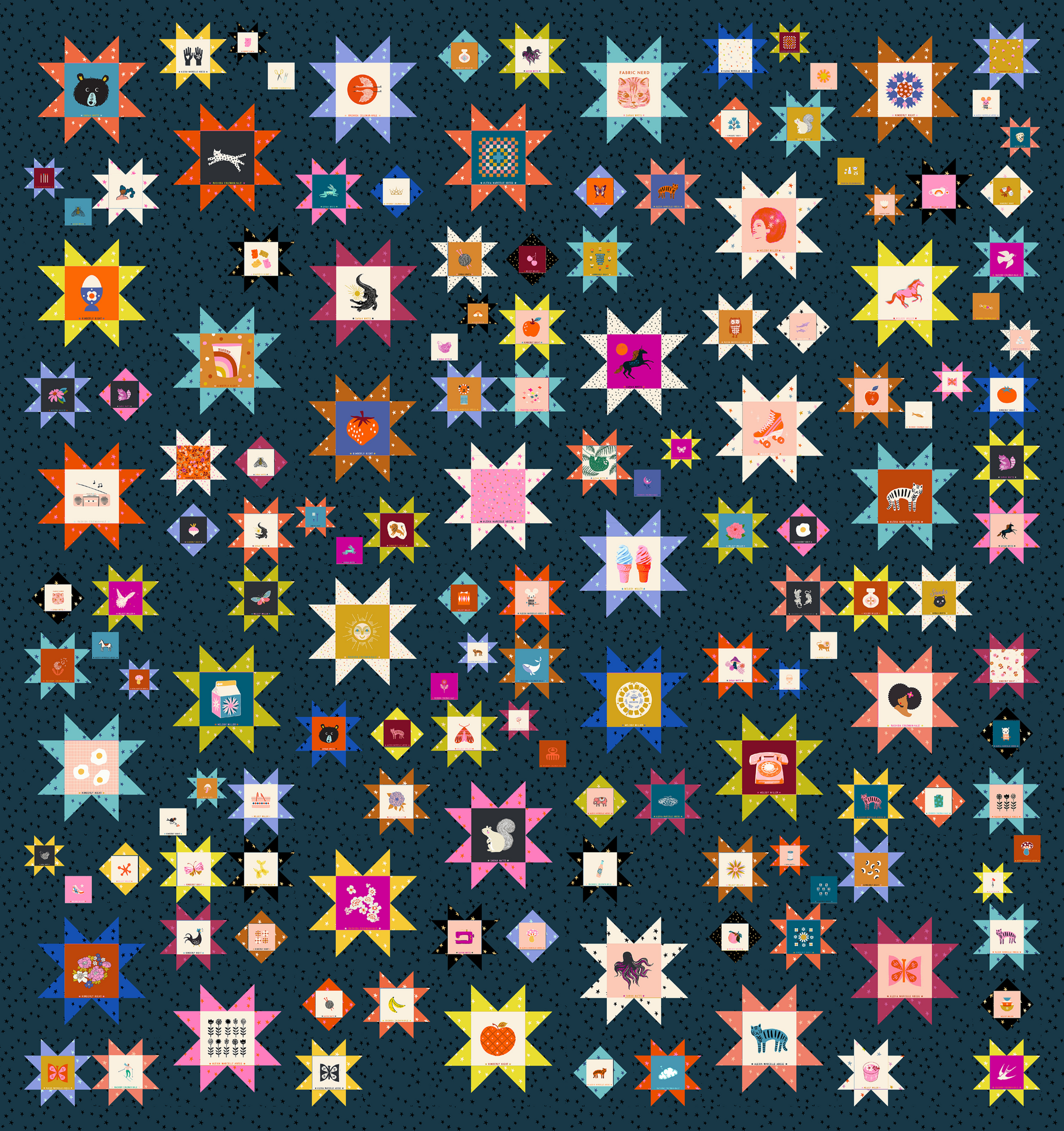 A quilt with a geometric pattern featuring various colored stars on a dark background.