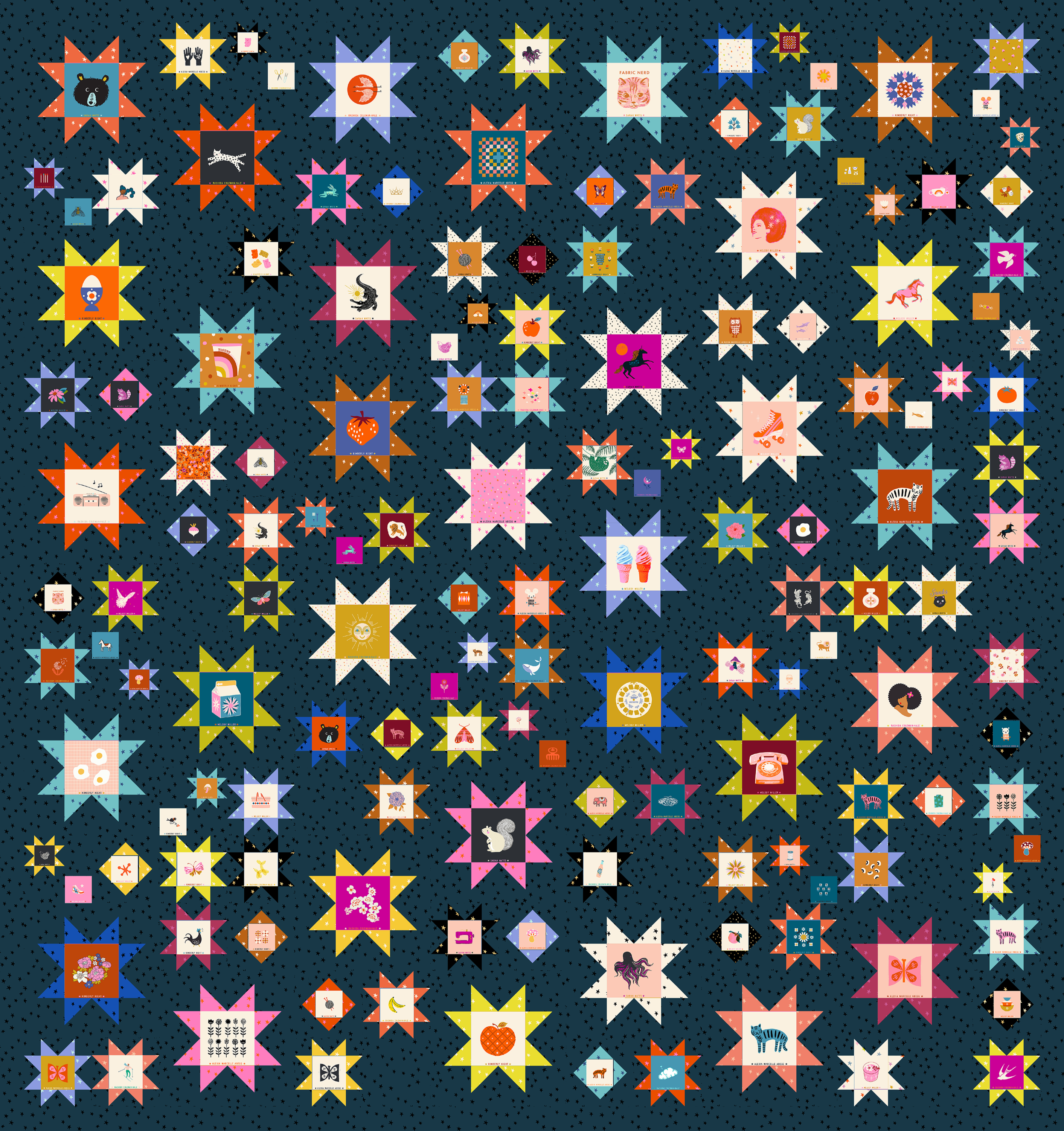 A quilt with a geometric pattern featuring various colored stars on a dark background.