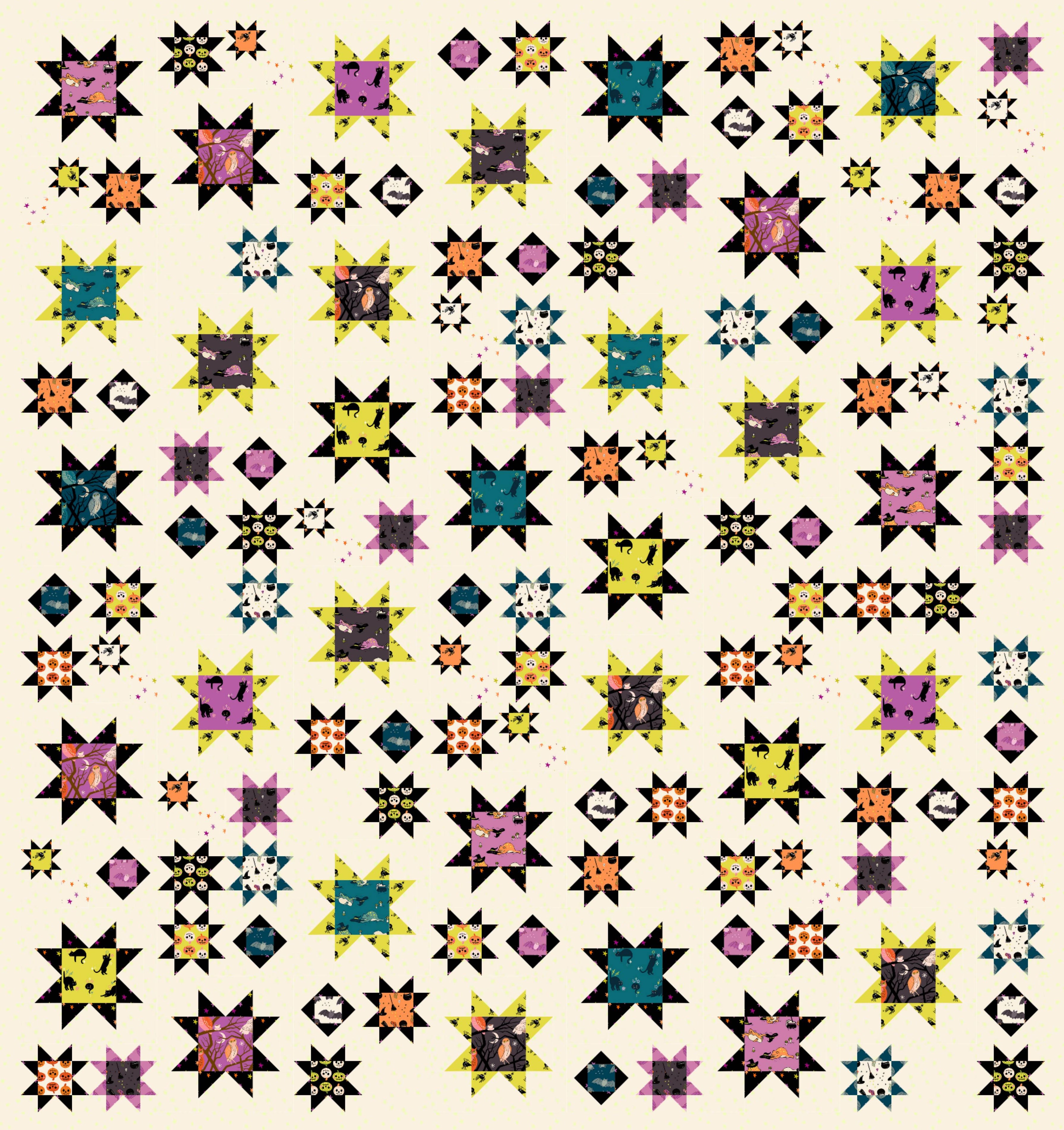 Colorful star pattern quilt with a beige background