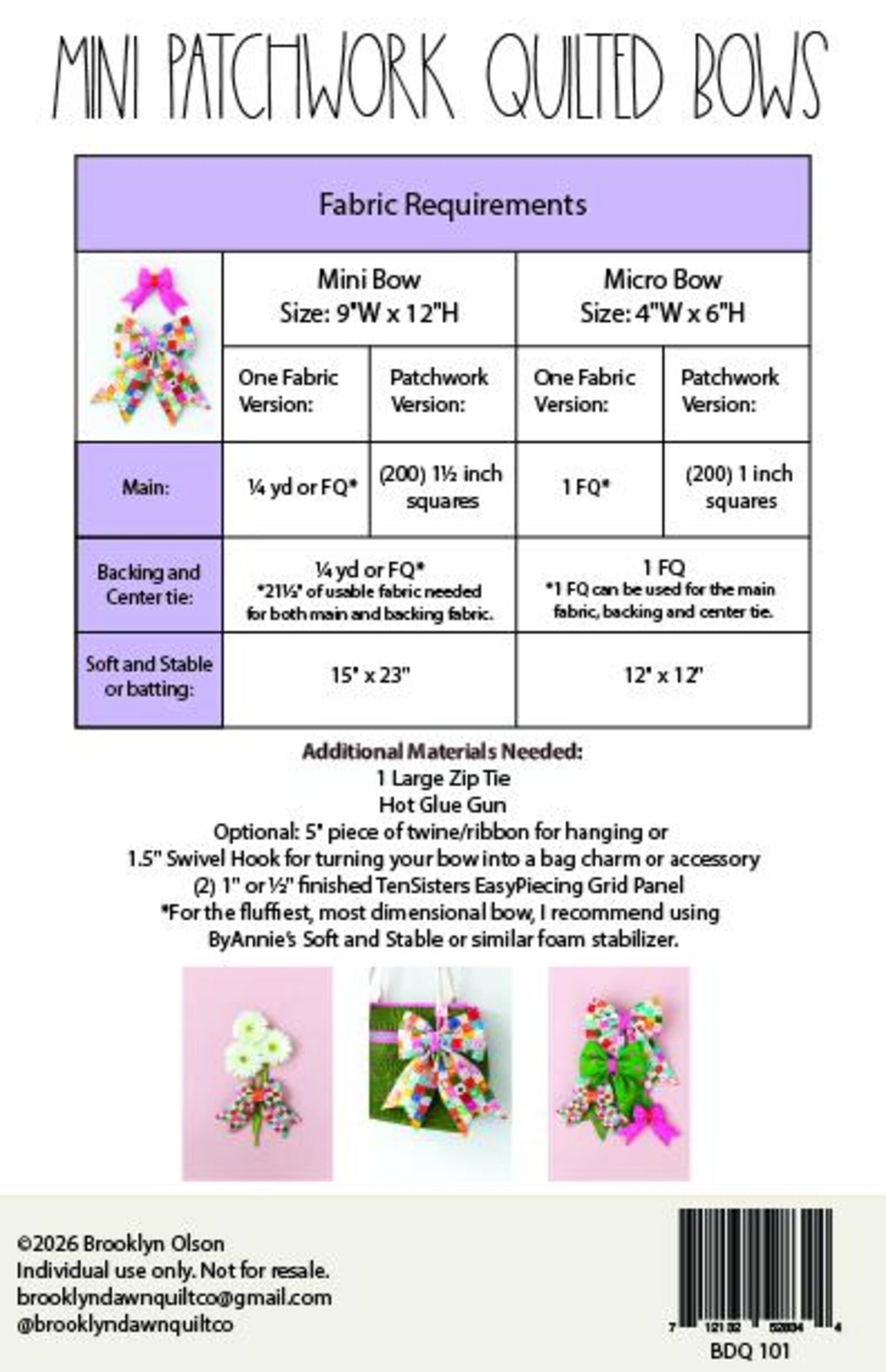 Pattern - Mini Patchwork Quilted Bows (Printed)