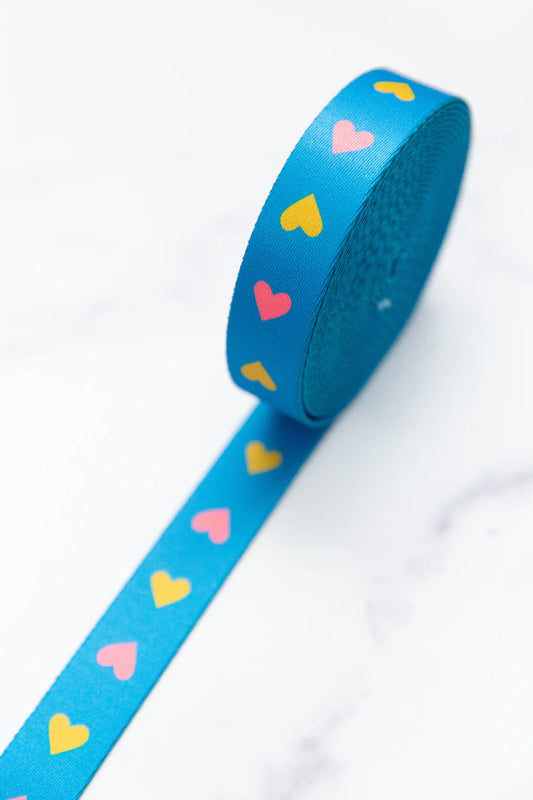 Webbing - Hearts in Bright Blue 1" Wide